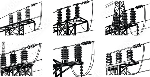 High voltage electrical insulator illustration showing power line components, grid infrastructure details, industrial energy system hardware design for engineering and technology graphics