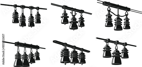 High voltage electrical insulator set illustration, detailed power line components, industrial energy equipment graphics for utility design, engineering, and infrastructure projects