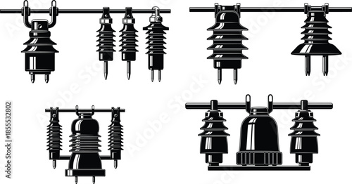 High voltage electrical insulator set, detailed vector illustration of power line components, industrial utility hardware design, energy grid infrastructure icons