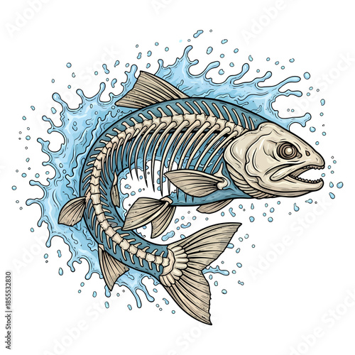 Trout fish skeleton jumping out of blue water splash vector illustration isolated on white