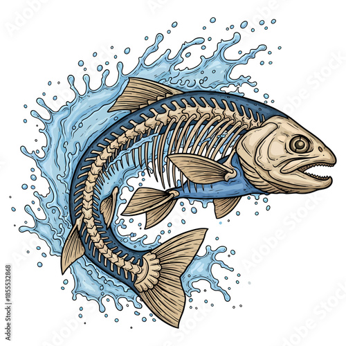 Trout fish skeleton jumping out of blue water splash vector illustration isolated on white