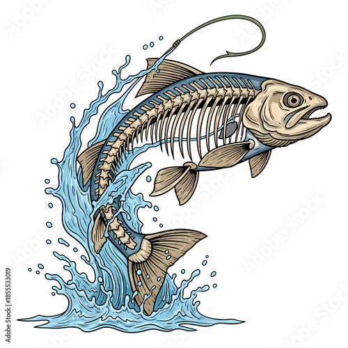 Trout fish skeleton jumping out of blue water splash vector illustration isolated on white