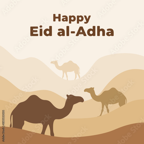 Happy Eid al-Adha greeting with camels walking on sand dunes in brown landscape.
