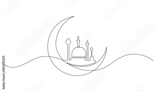 Ramadan crescent moon and lantern continuous line drawing