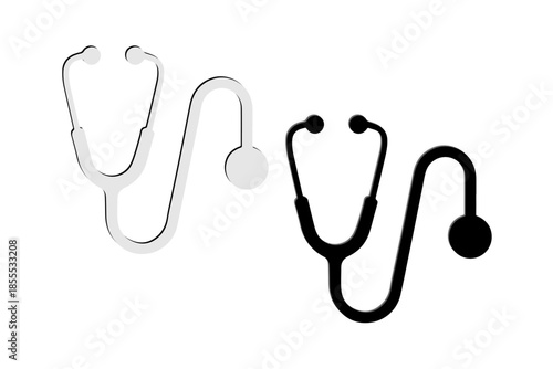 Three medical stethoscopes in varying shades of gray and black illustration