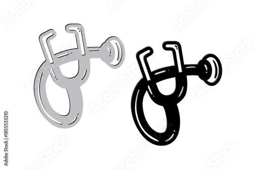 Two depictions of a carabiner one grayscale and one in black outline