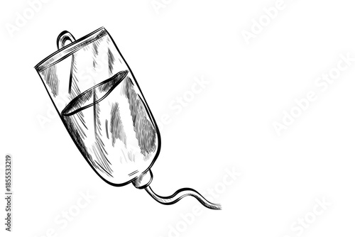 A sketch illustration of an iv drip bag with a tube hanging down