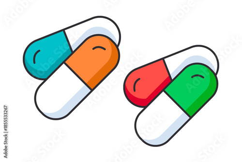 Illustration of colorful capsules blue orange red and green medications
