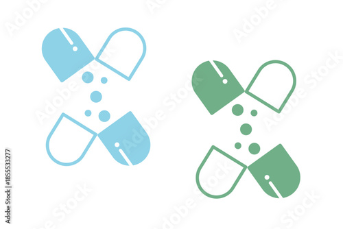 Two opened capsules spilling out small round pellets in a clean design