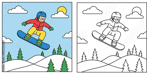 Cartoon Snowboarder Jumping in Winter Landscape Vector Illustration. Split Design with Colored Version and Coloring Book Page Outline for Kids Activity.