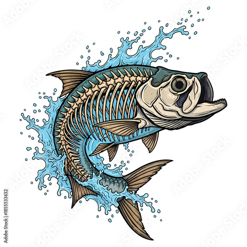 Tarpon fish skeleton jumping out of water with blue splashes vector illustration isolated on white