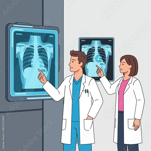 Two doctors in lab coats examining X-ray images of a human chest and abdomen in a medical setting.