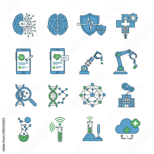 Collection of blue and green line icons representing modern medical technology, artificial intelligence, biotechnology, and digital healthcare solutions.