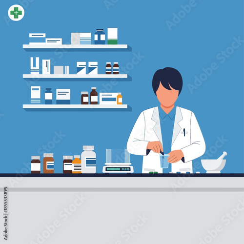 Male pharmacist in a white coat preparing medication behind a counter in a pharmacy with shelves of drugs in the background.