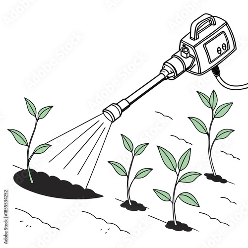 Machines spraying water on seedlings with soft shadows white background