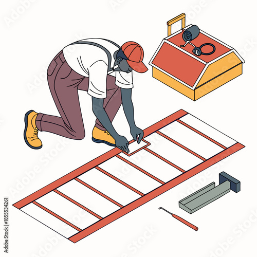 Worker assembling ladder with tools and construction