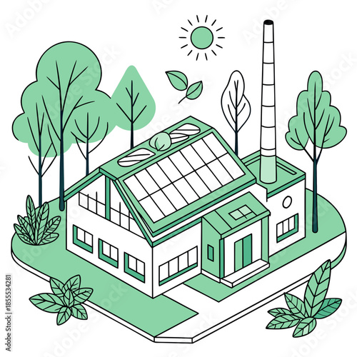 Eco friendly factory with solar panels and green surroundings