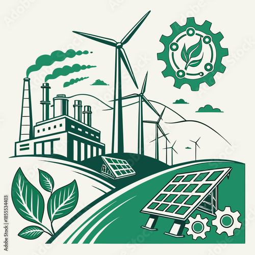 Green energy adoption with wind turbines solar panels and factory transitioning to clean energy