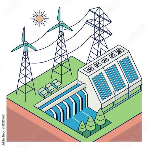 Isometric view of renewable energy power plant with wind turbines and hydroelectric dam