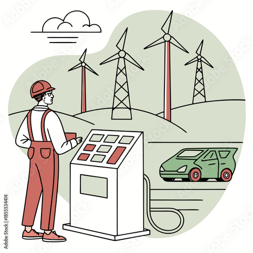Man standing at electric vehicle charging station with wind turbines