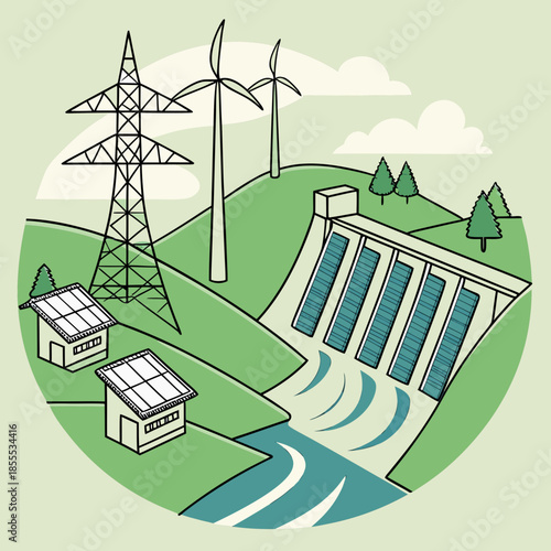 Renewable energy infrastructure with dam and wind turbines
