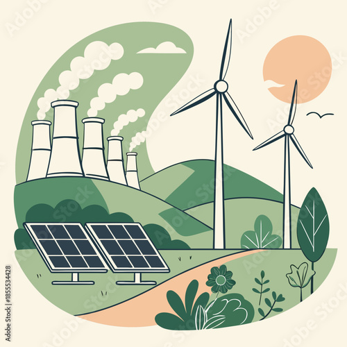 Renewable energy industrial landscape with wind turbines and solar panels