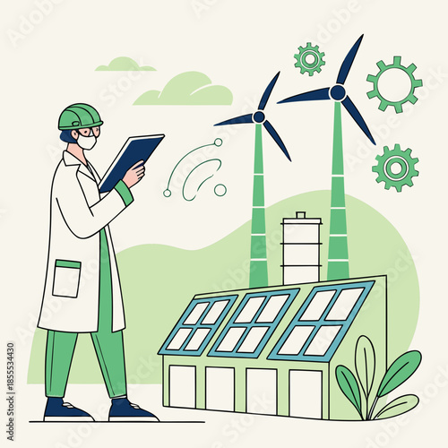 Scientist standing next to solar panel and wind turbines