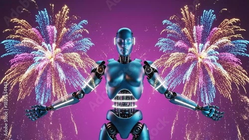 Metallic Blue Robot Displays Pyrotechnics Against Purple Background With Neon Light Effects And Intricate Mechanical Details In A