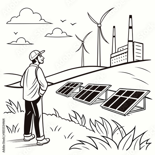 Man observing solar panels and wind turbines for renewable energy