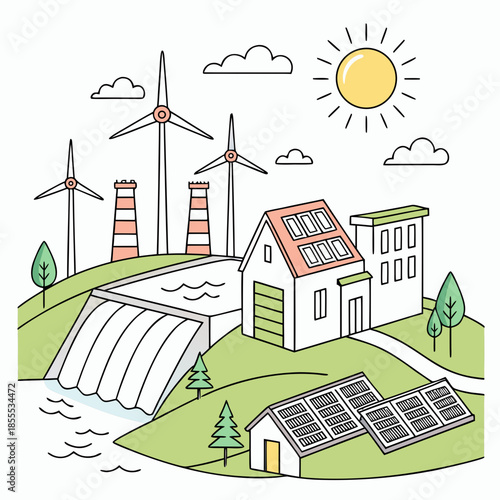 Renewable energy sources with wind turbines and solar panels 1