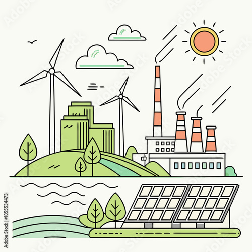 Renewable energy sources with wind turbines and solar panels