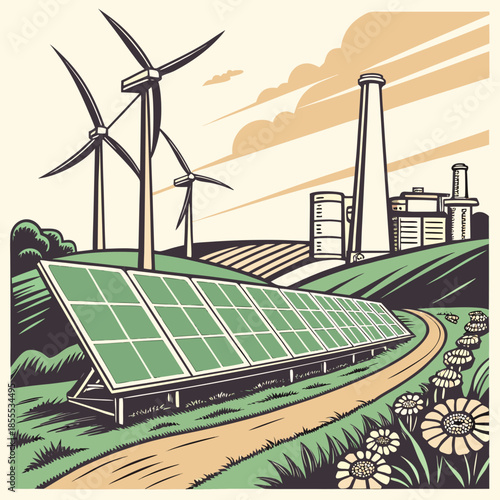 Solar panels and wind turbines on green hillside with industrial building