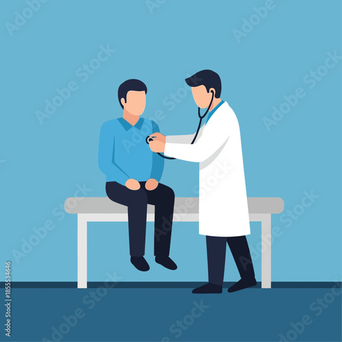 Doctor examining male patient with stethoscope during a medical check-up.