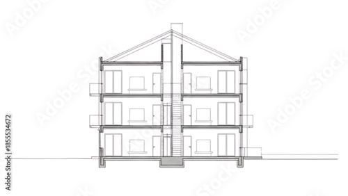 Architectural cross-section of a multi-story residential building with balconies