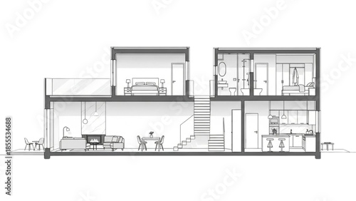 Modern House Architectural Cross-Sectional View of Interior Design