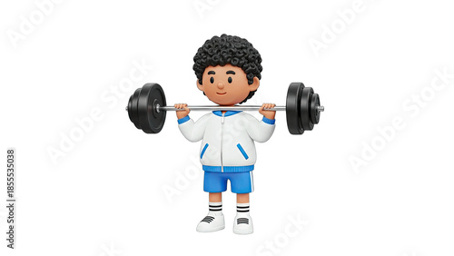 3D Cartoon boy lifting a barbell on transparent background