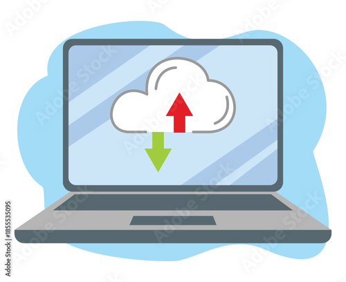cloud computing and data transfer icon. laptop with upload and download icon