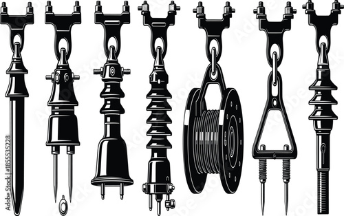 High voltage electrical insulator vector set featuring utility hardware, power transmission components, industrial grid equipment, ceramic and polymer device illustration