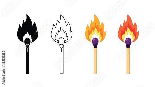 Collection of four lit match illustrations in silhouette, outline, color, and flat styles