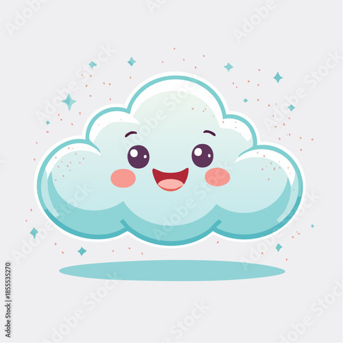 Cute cartoon cloud with a happy face, surrounded by sparkles, casting a soft shadow.