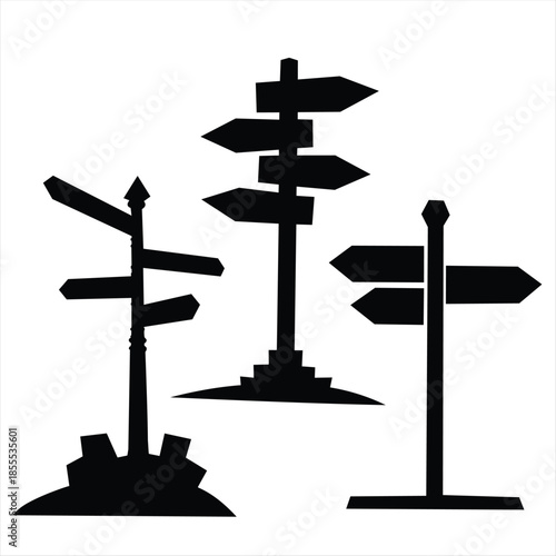 Multiple Direction Signpost Icons Collection Navigation Wayfinding Road Signs Silhouette Set