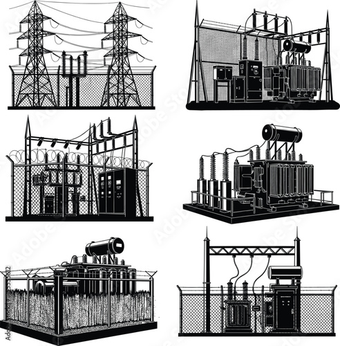 High voltage electrical substation infrastructure, power distribution station equipment, industrial energy grid transformers, utility transmission system, safety fenced facilities