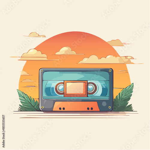 Retro cassette tape illustration with orange sunset and clouds in the background, with green leaves.