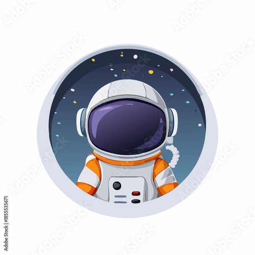 Cartoon astronaut in space suit with stars in the background, seen through a round window.