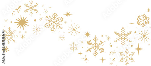 Golden Snowflakes and Stars on White Background winter