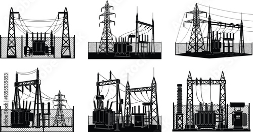 High voltage electrical substation silhouette set with transformers, power towers, transmission lines, utility fence and industrial energy distribution infrastructure elements