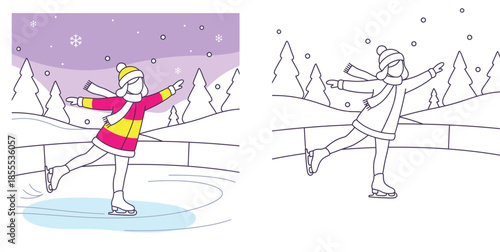 Cute girl ice skating in winter landscape vector illustration with coloring book page outline; happy child skater on ice rink with snowy trees background for kids activity concept