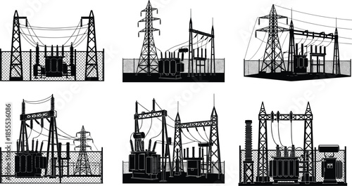 High voltage electrical substation silhouette set, industrial power grid infrastructure illustration, energy distribution station design, utility transmission system artwork