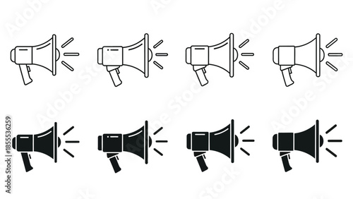 Collection of megaphone and loudspeaker icons in outline and filled graphic styles
