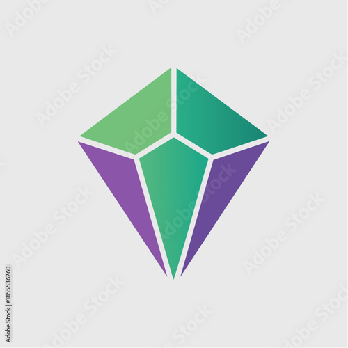 Abstract geometric diamond shape with green and purple facets on a light gray background.